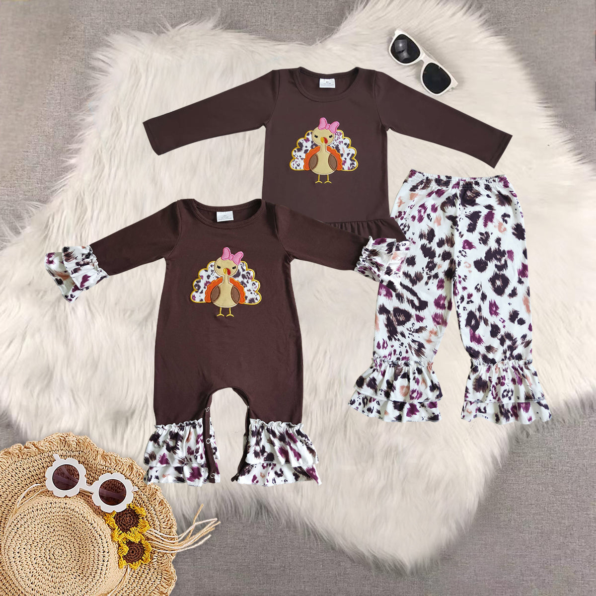 Sibling Baby Girls Brown Long Sleeves Turkey Tunic Ruffle Leopard Pant Sets Romper
