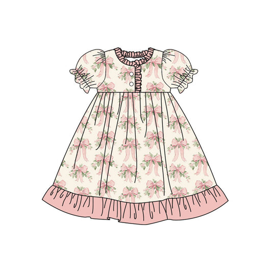 Preorder(moq 5) Baby Girls Peach Flowers Bows Button Ruffle Knee Length Dresses