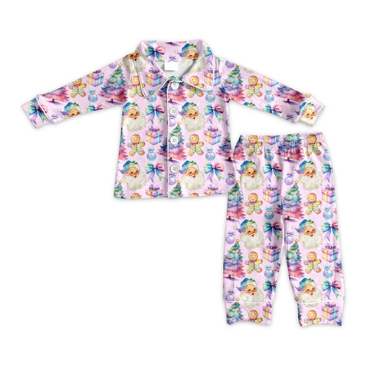 Preorder (moq 5)Baby Girls Lavender Long Sleeves Bows Santa Button Top Pant Pajamas Set