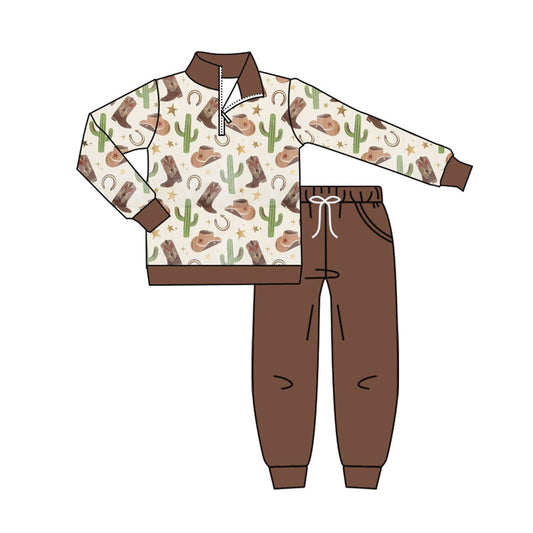Preorder(moq 8)Baby Boys Hats Boots Cactus Zipper Pullover Pockets Jogger Western Clothes Sets