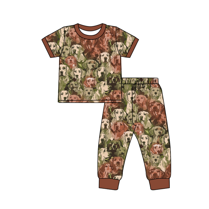 Preorder (moq 5)Baby Boys Brown Olive Short Sleeves Dogs Top Pant Pajamas Set