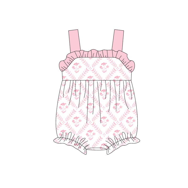 Preorder(moq 5)Baby Infant Girls Pink Strap Floral Plaid Ruffle Rompers
