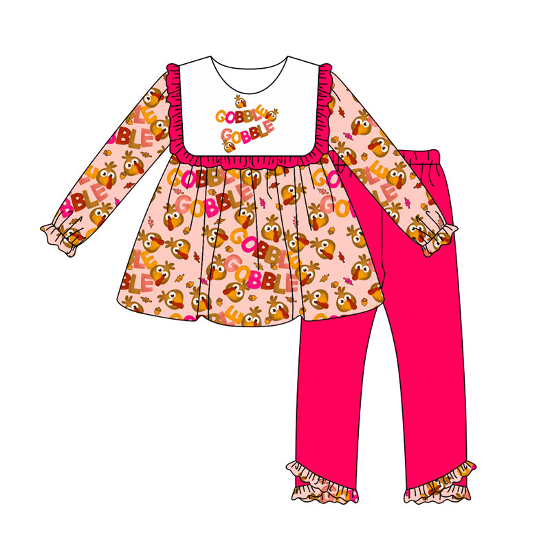 Preorder (moq 5)Baby Girls Pink Long Ruffle Sleeves Turkey Plaid Tunic Legging Pant Set