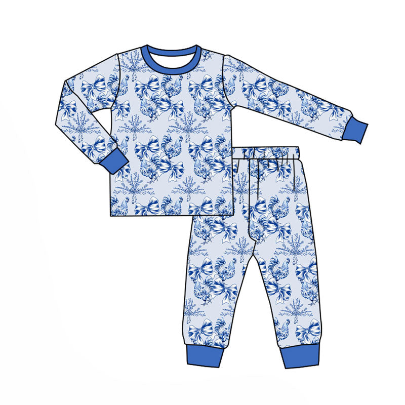 Preorder (moq 5)Baby Girls Blue Bows Flowers Chicks Top Pants Pajamas Set