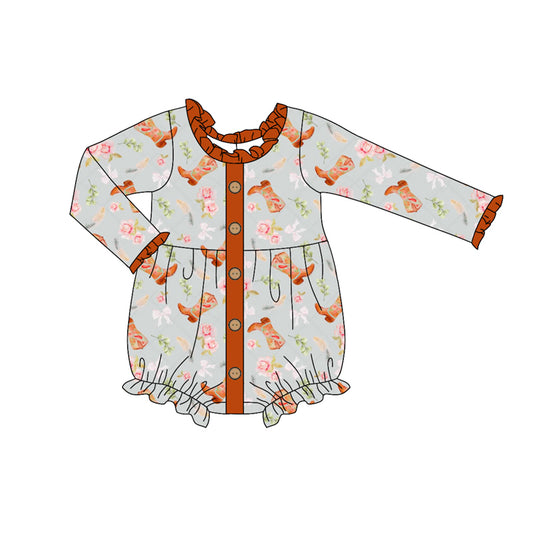 Preorder (moq 5)Baby Girls Long Ruffle Sleeves Boots Flowers Bows Button Rompers