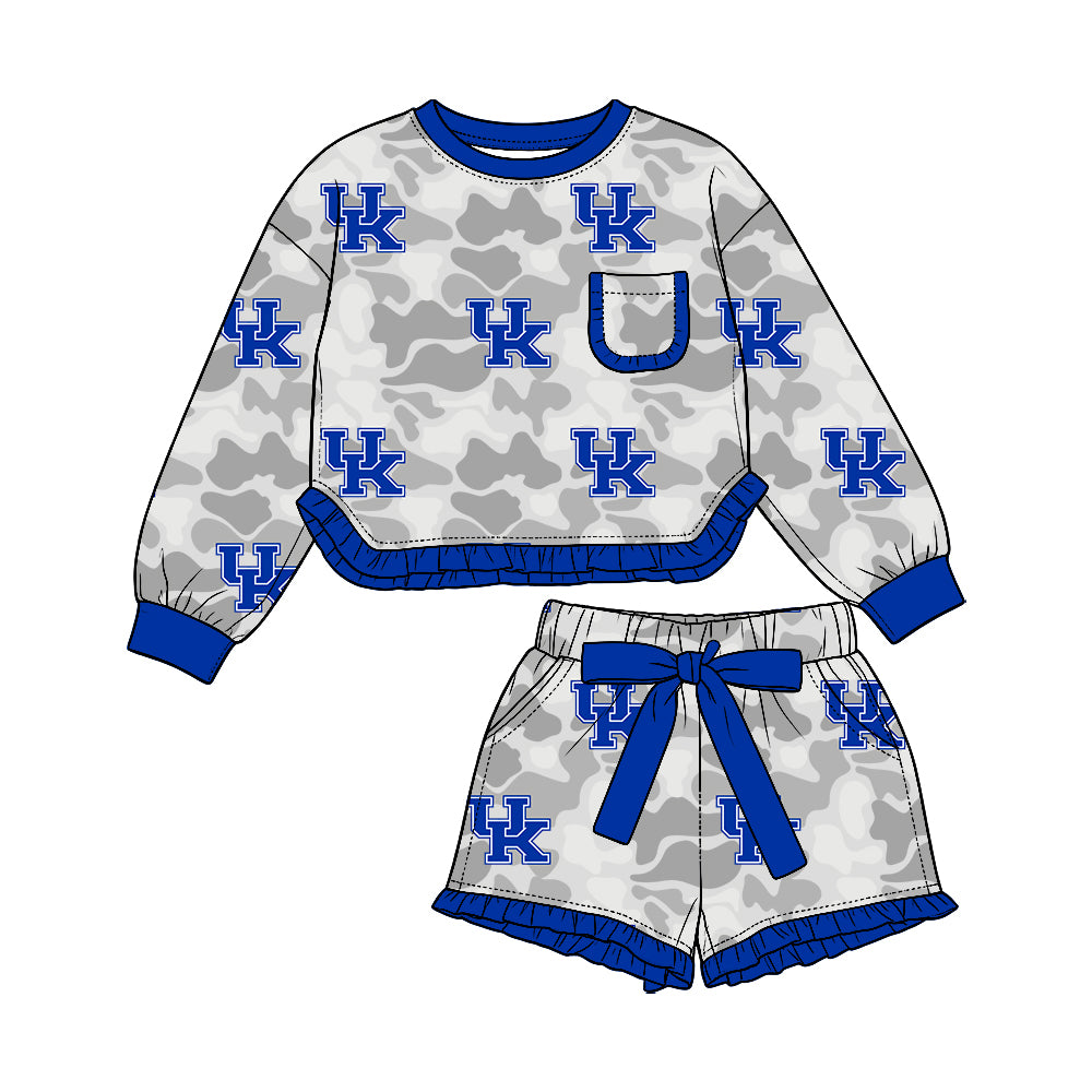 Preorder (moq 5) Baby Girl Clothes Camo Letter UK Mixed Print Long Sleeve Ruffle Top Short Ruffle Pant Set