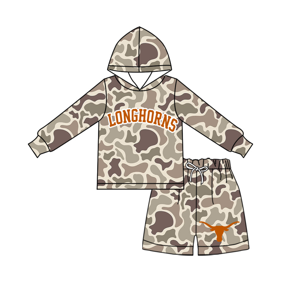 Preorder moq 5 Baby Boys Camo Longhorns Hoodie Short Team Clothes Sets