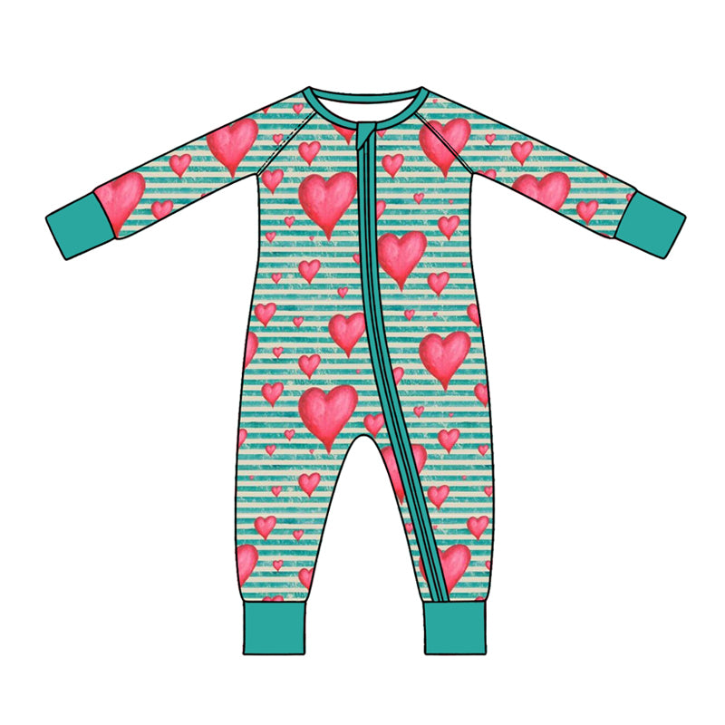 Preorder (moq 5) Baby Girl Clothes Teal Stripe Red Heart Mixed Print Long Sleeve Zipper Baby Romper