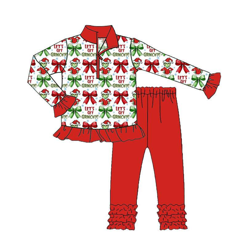 Preorder(moq 5) Baby Girls Christmas Let's Go Frog Zip Pullover Top Legging Boutique Outfits Sets