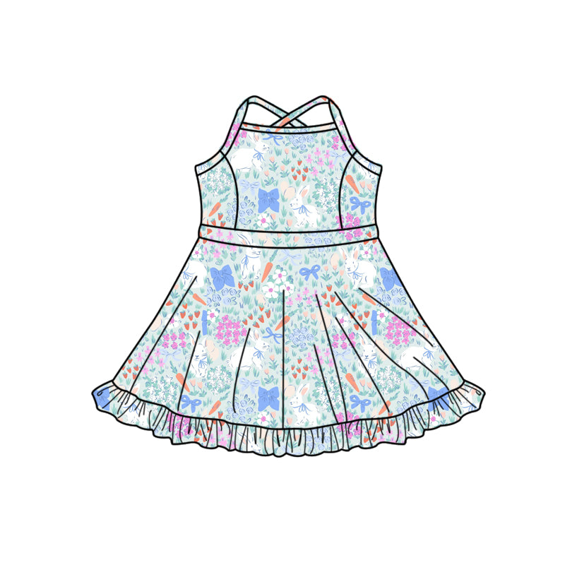Preorder (moq 5)Baby Girls Strap Rabbits Flowers Easter Ruffle Knee Length Dresses