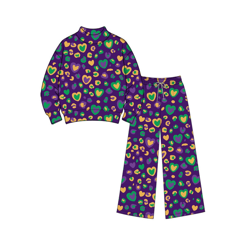 Preorder (moq5) Baby Girl Clothes Mardi Gras Heart Leopard Print Long Sleeve Cropped Mock Neck Top Wide Leg Pant Set