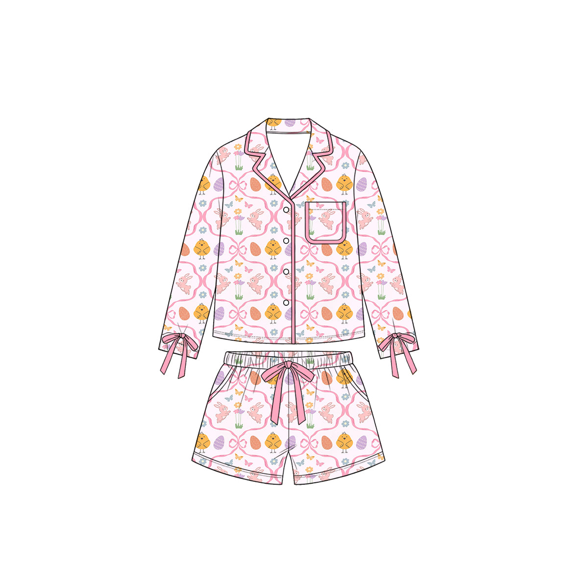 Preorder moq5 Womens' Light Pink Bunny & Soft Yellow Chick Bow Collared Long-Sleeve Pajama Top & Matching Elastic-Waist Shorts Set