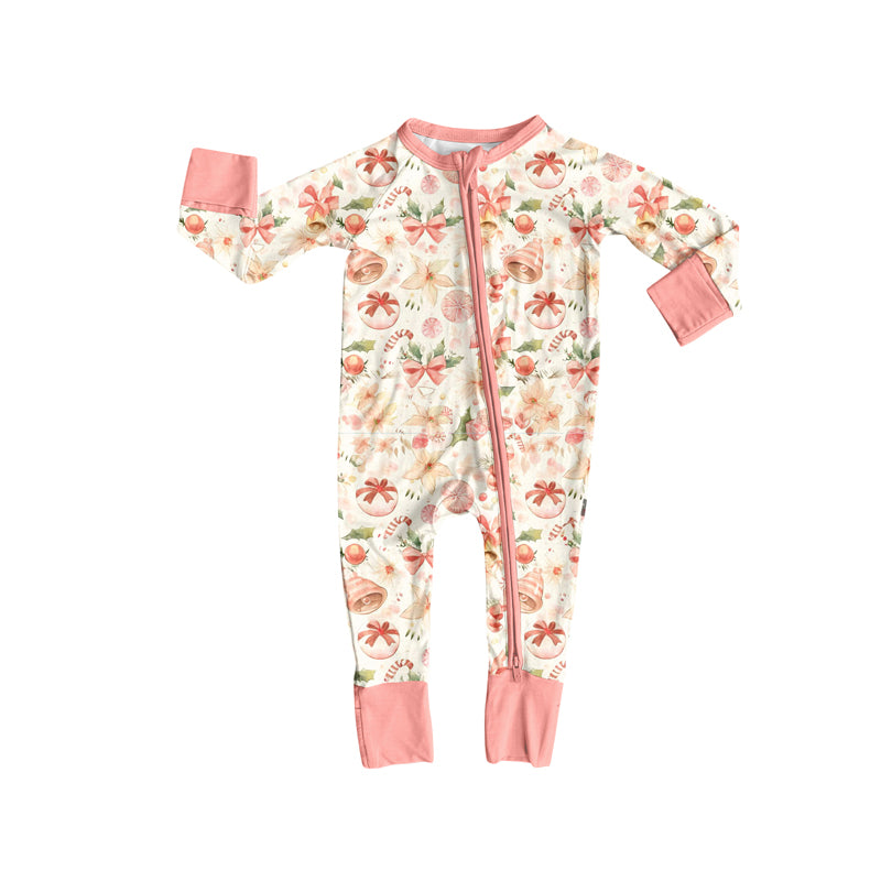 Preorder (moq 5)Baby Girls Peach Long Sleeves Bows Trees Zipper Rompers