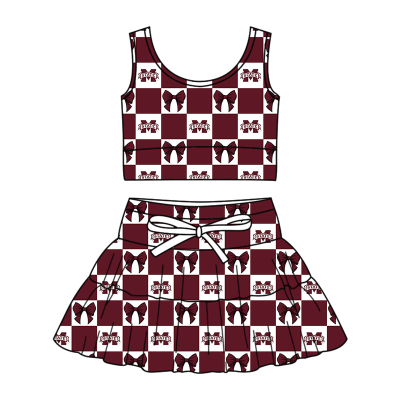 Preorder (moq 5)Baby Girls M State Bows Checked Vests Skirt Shorts Team Clothes Sets