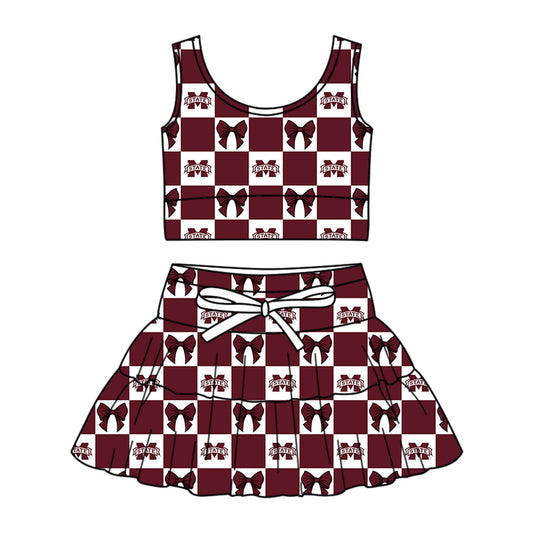 Preorder (moq 5)Baby Girls M State Bows Checked Vests Skirt Shorts Team Clothes Sets