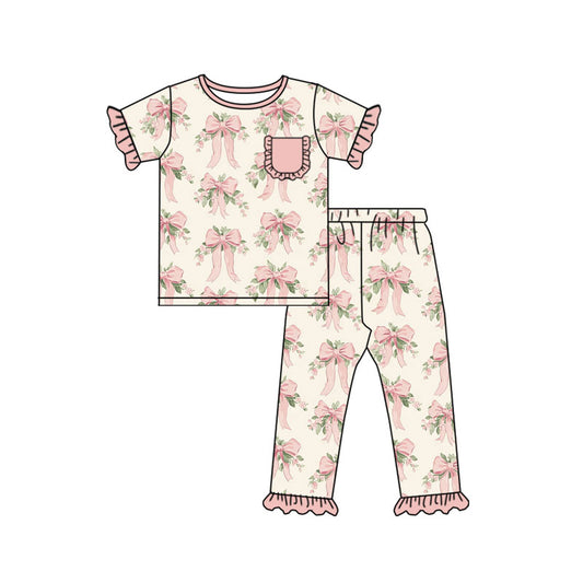 Preorder(moq 5) Baby Girls Peach Bows Flowers Pocket Top Ruffle Pant Pajamas Sets