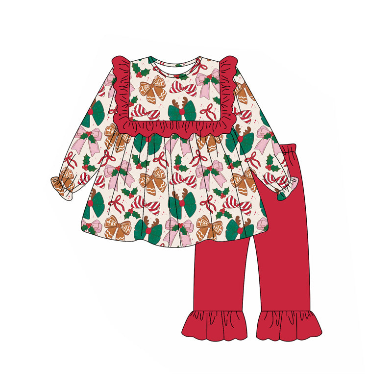 Preorder (moq 5)Baby Girls Long Sleeves Colorful Bows Tunic Red Ruffle Pant Sets