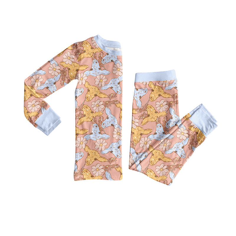 Preorder (moq 5)Baby Girls Long Sleeves Flowers Cows Top Pant Pajamas Clothes Set