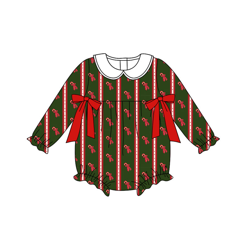 Preorder(moq 5)Baby Infant Girls Bows Candy Cane Stripes Ruffle Christmas Rompers