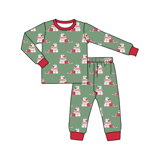 Preorder (moq 5)Baby Boys Dark Green Long Sleeves Gifts Plaid Top Pant Pajamas Set