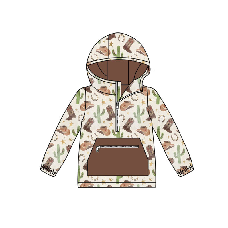 Preorder(moq 8)Baby Boys Hats Boots Cactus Zipper Pockets Western Hoodies Top
