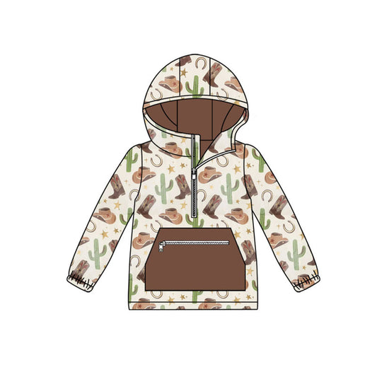 Preorder(moq 8)Baby Boys Hats Boots Cactus Zipper Pockets Western Hoodies Top