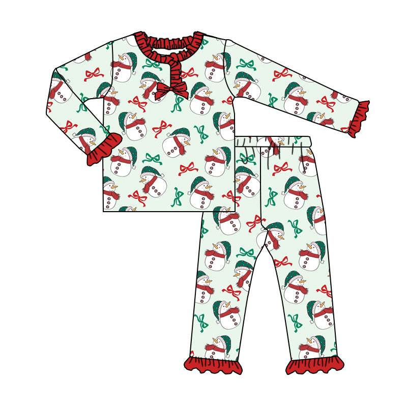 Preorder (moq 20)Baby Girls Bamboo Hat Snowmen Bows Christmas Ruffle Pajamas Sets