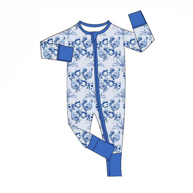 Preorder (moq 5)Baby Girls Blue Bows Flowers Chicks Zipper Footie Rompers
