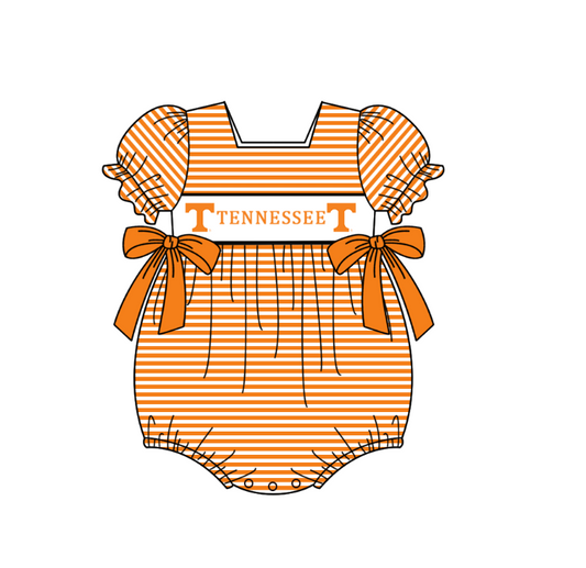 preorder(moq 5) Baby Girls Orange Short Sleeve Tennessee Team Stripe Ruffle Rompers