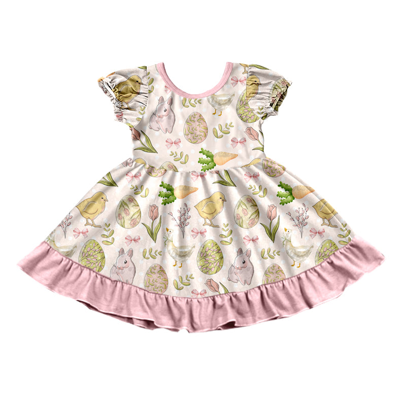 Preorder (moq 5) Baby Girls Chicks Rabbits Ruffle Easter Knee Length Dress