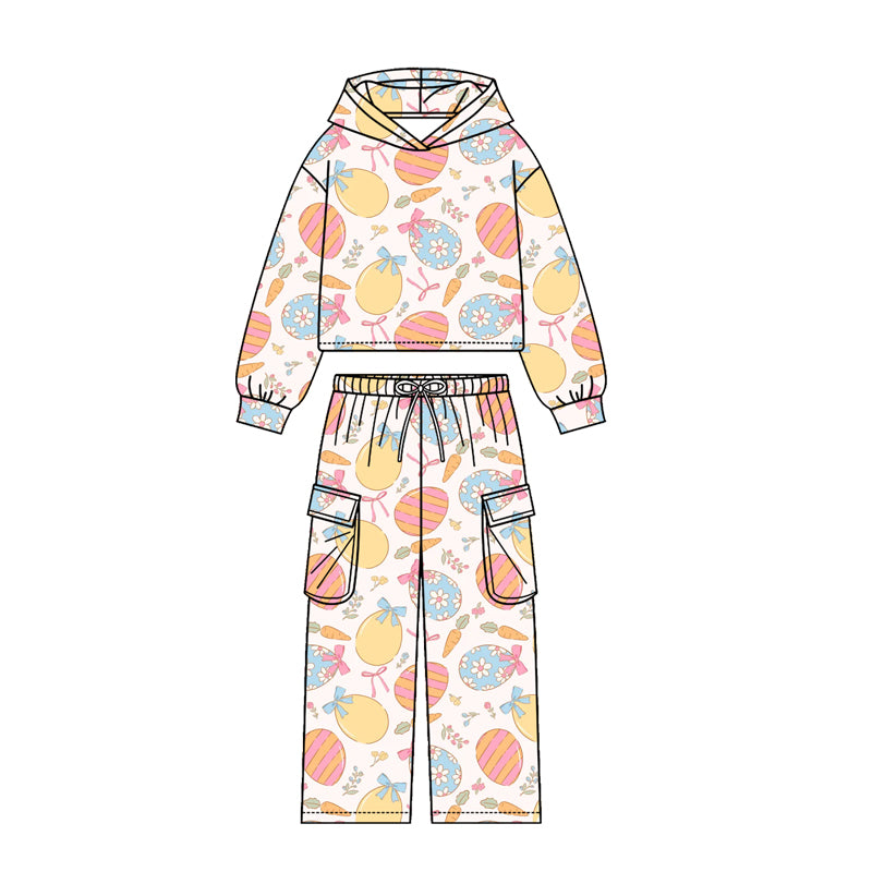 Preorder (moq5) Kids Easter Bunny Egg Print Hoodie Pockets Joggers Team Clothes Set