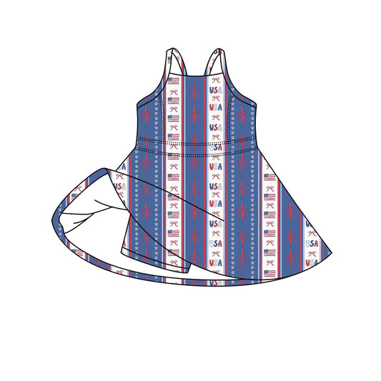 Preorder (moq 5)Baby Girls Strap Bows USA Stripe 4th of July Shorts Knee Length Dresses