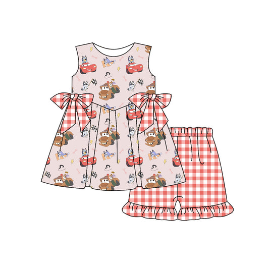 Preorder moq 5 Baby Girls Sleeveless Cartoon Dogs Cars Tunic Red Plaid Ruffle Short Set