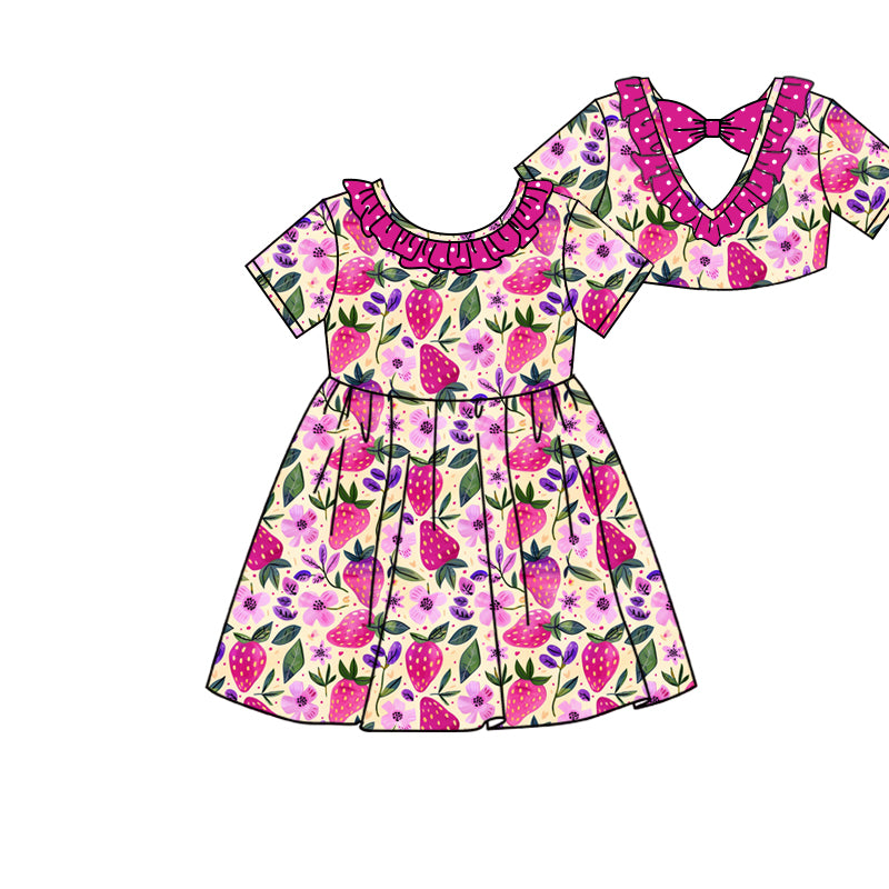Preorder (moq 5)Baby Girls Strawberry Flowers Back Bow Knee Length Dresses