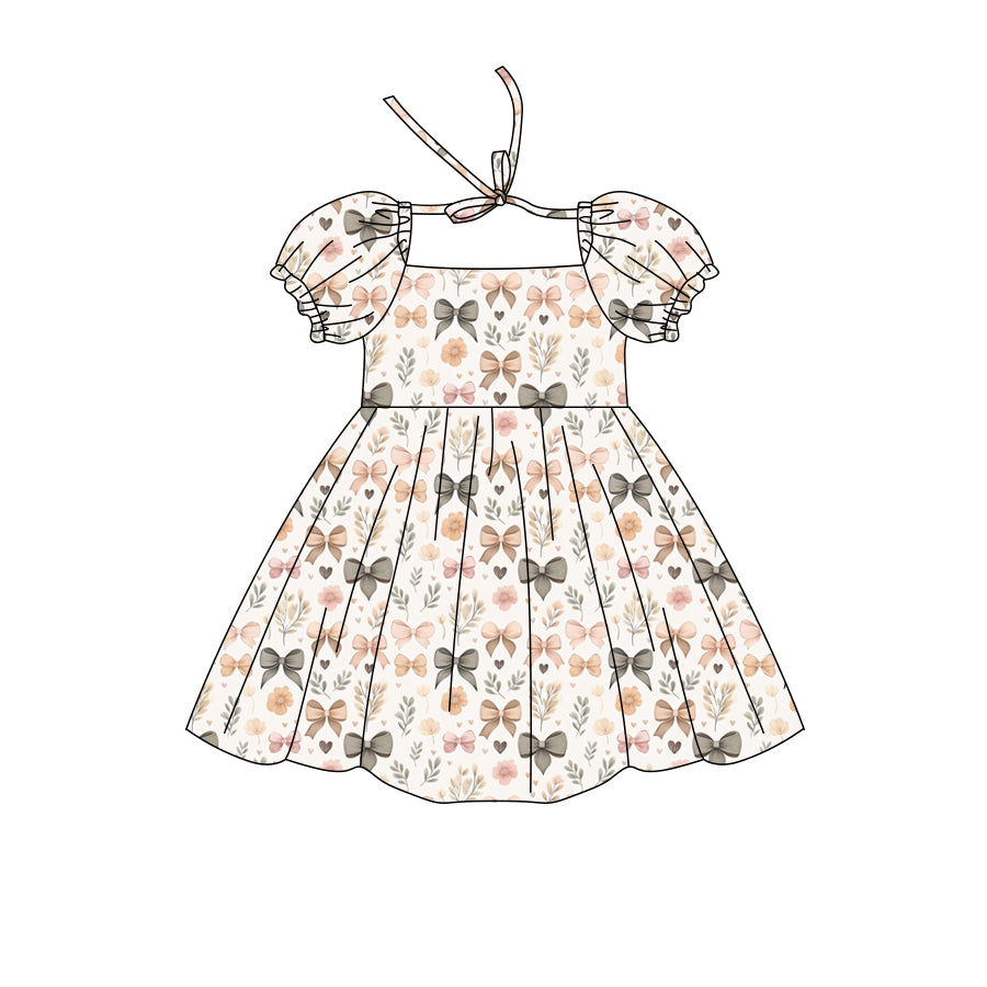 Preorder (moq 5)Baby Girls Short Ruffle Sleeve Colorful Flowers Bows Knee Length Dresses