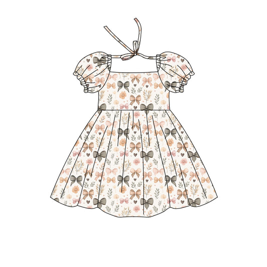 Preorder (moq 5)Baby Girls Short Ruffle Sleeve Colorful Flowers Bows Knee Length Dresses