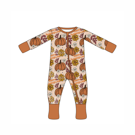 Preorder moq 10 Baby Kids Brown Long Sleeves Pumpkins Flowers Zipper Pant Rompers