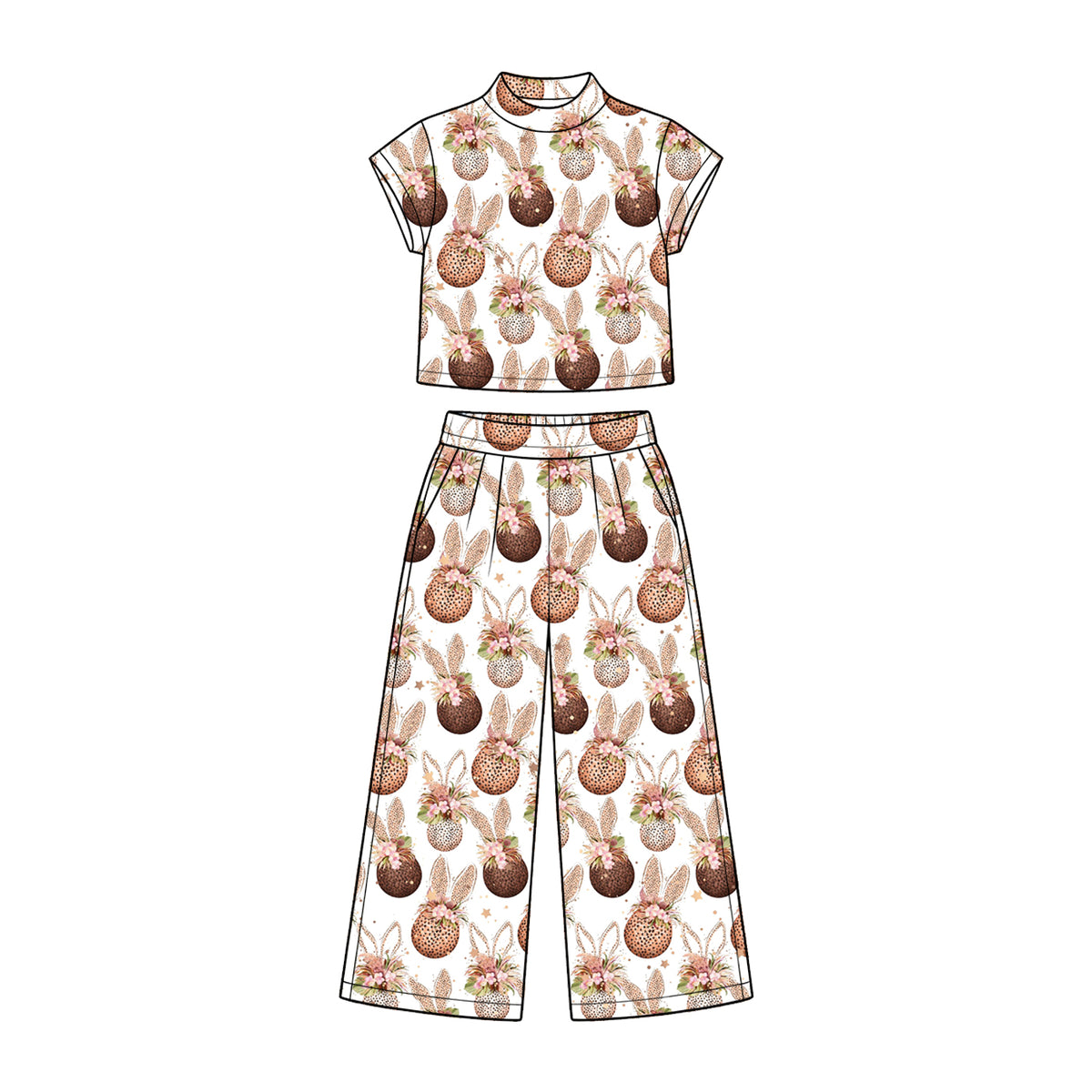 Preorder (moq 5) Baby Girl Clothes Floral Easter Egg Bunny Print Short Sleeve Wide Leg Pant Set