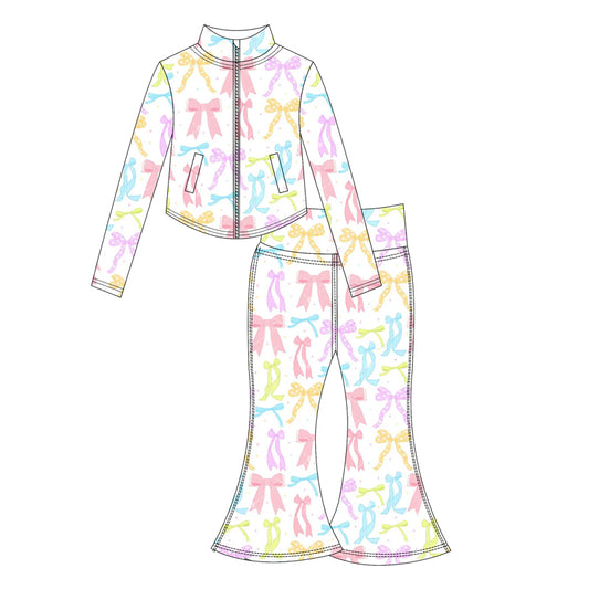 Preorder moq 10 Baby Girls Colorful Bows Long Sleeves Flowers Plaid Pockets Zipper Top Bell Bottom Pant Activity Wear Yoga Set