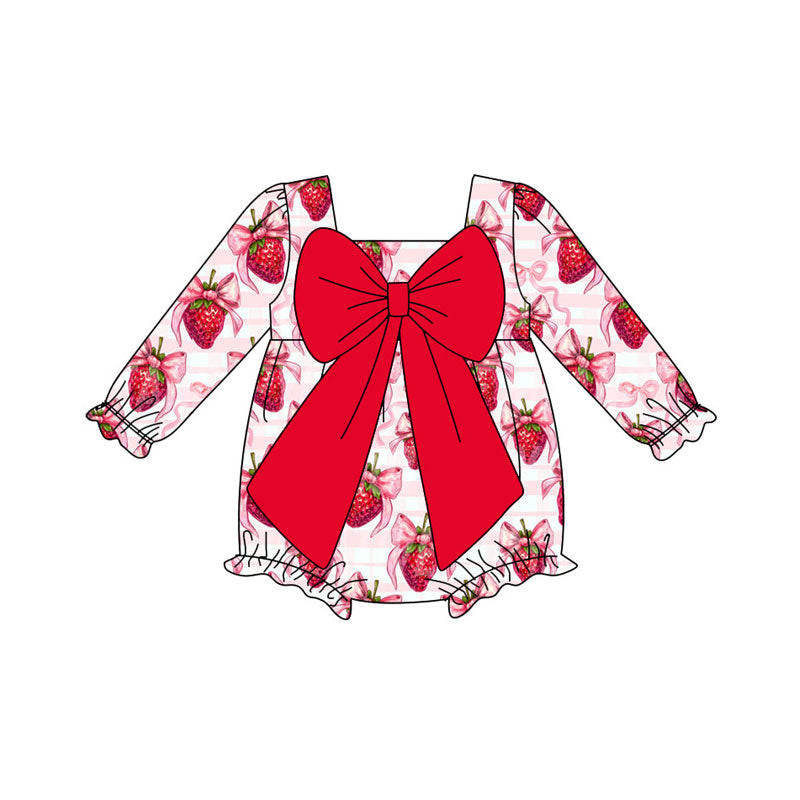 Preorder (moq 8)Baby Girls Pink Stripe Bows Strawberry Ruffle Rompers
