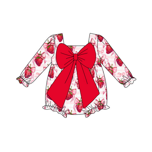 Preorder (moq 8)Baby Girls Pink Stripe Bows Strawberry Ruffle Rompers