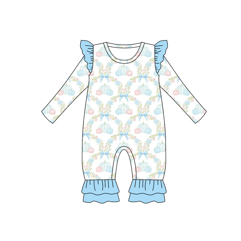 Preorder (moq 5)Baby Girls Long Sleeves Blue Bows Pumpkins Plaid Ruffle Pant Romper