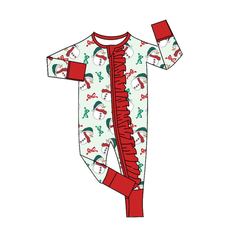 Preorder (moq 20)Baby Girls Bamboo Snowmen Bows Christmas Ruffle Zippy Footie Rompers