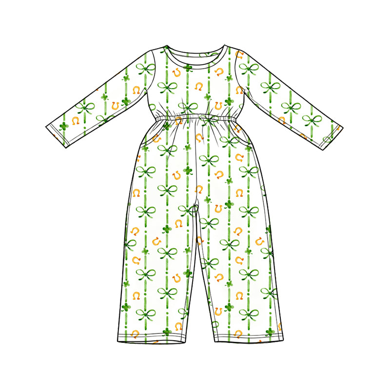 Preorder (moq 5) Baby Girl Clothes St Patrick's Day Watercolor Clover Bow Striped Print Long Sleeve Waist Jumpsuit