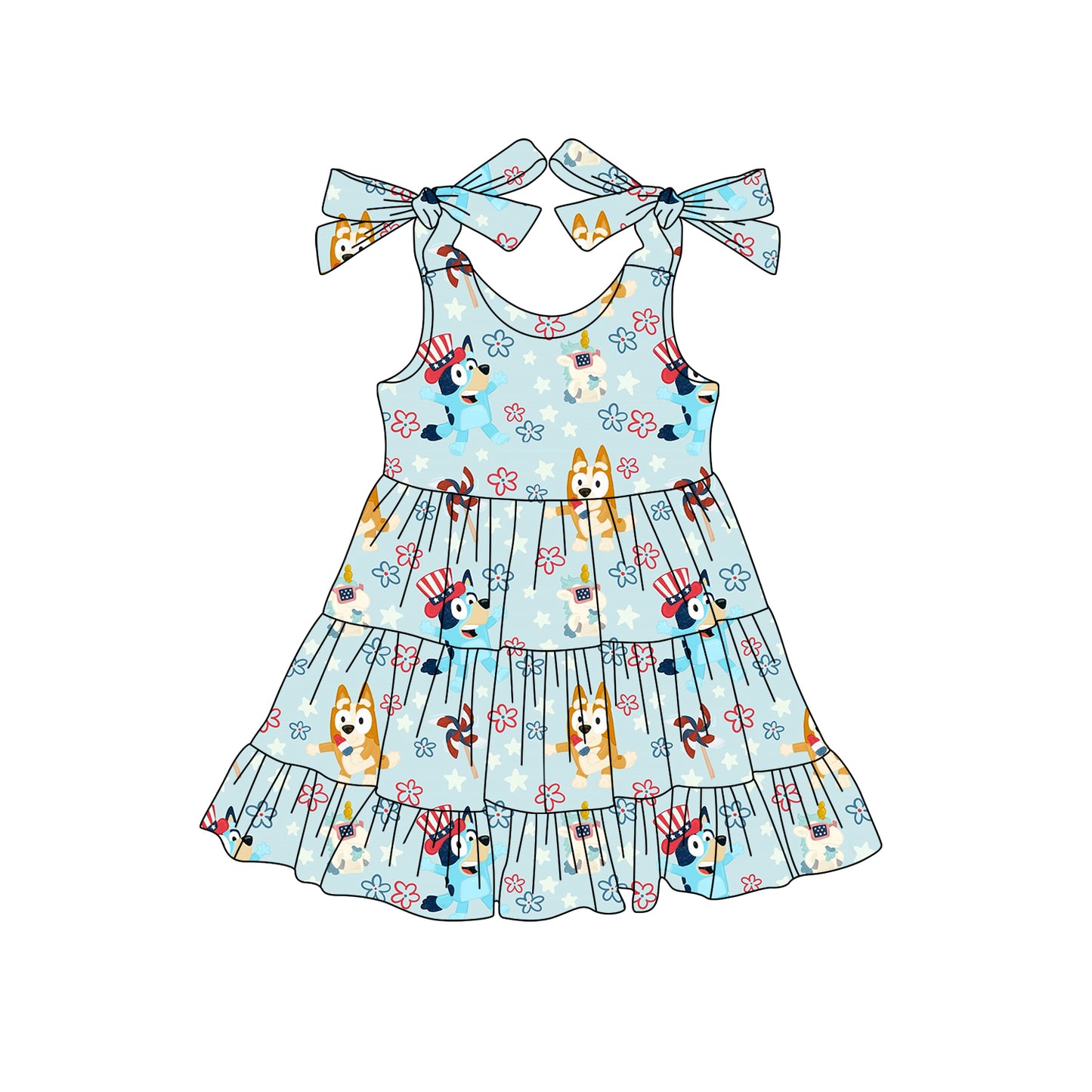 Preorder (moq 5)Baby Girls Blue Bows Strap Cartoon Dogs Flowers 4th Of July Knee Length Dress