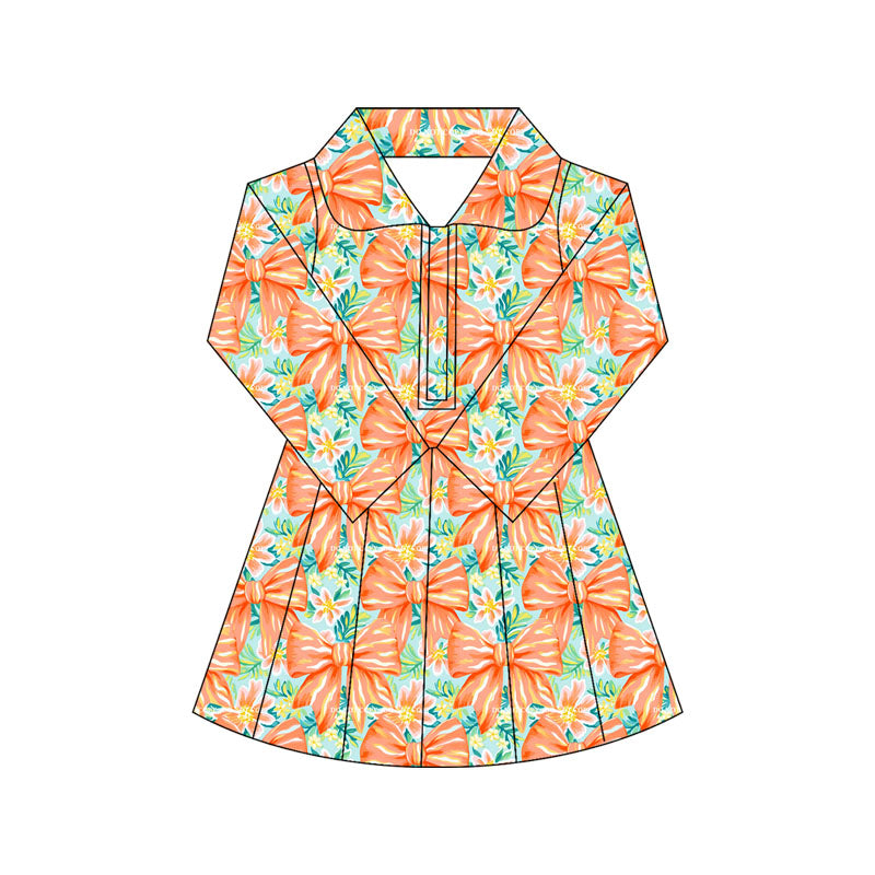 Preorder moq 10 Baby Girls Colorful Bows Floral Long Sleeves Zipper Activity Wear Yoga Knee Length Dresses