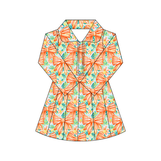 Preorder moq 10 Baby Girls Colorful Bows Floral Long Sleeves Zipper Activity Wear Yoga Knee Length Dresses