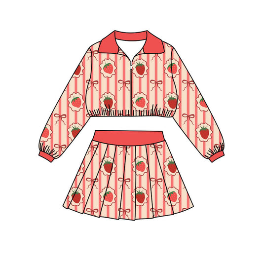 Preorder (moq 5)Baby Girls Bows Strawberry Zip Jackets Skirt Shorts Team Clothes Set