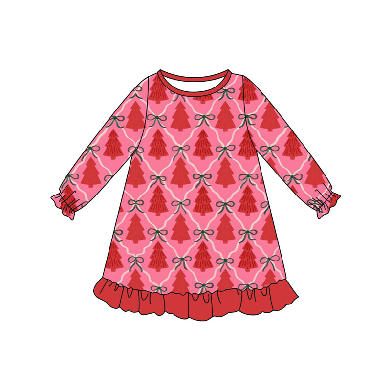 Preorder (moq 5)Baby Girls Red Long Ruffle Sleeves Bows Trees Plaid Knee Length Dresses