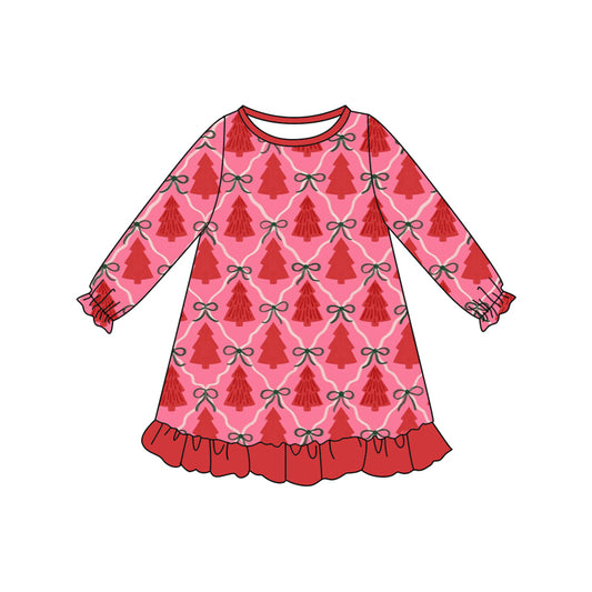 Preorder (moq 5)Baby Girls Red Long Ruffle Sleeves Bows Trees Plaid Knee Length Dresses